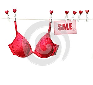 Fancy red bra hanging on clothesline