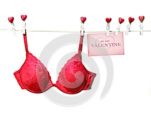 Fancy red bra hanging on clothesline