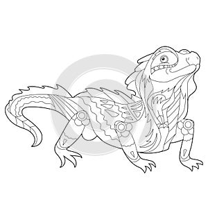 Fancy reptile iguana on white background. Contour linear illustration for coloring book with dragon.  Anti stress picture. Line