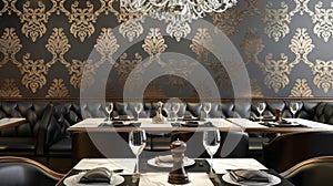 A fancy restaurant with a chandelier and black table cloths, AI