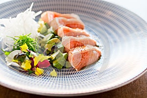 Fancy salmon tataki meal.