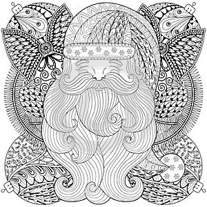 Fancy Santa on Christmas balls, wreath in zentangle style.