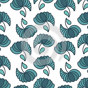 Fancy sea-green flowers on white background, hand drawing . Vector seamless background