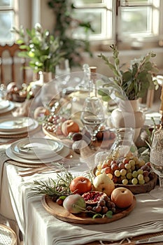 a fancy table with fruits, candles and wine bottles and a glass