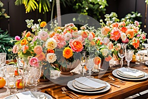 Fancy table set with flowers, china, and glassware.