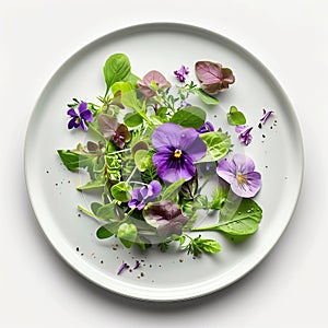 Fancy vegetarian salad with mesclun mix greens and herbs, decorated with purple flowers, on a round ceramic plate. Generative AI