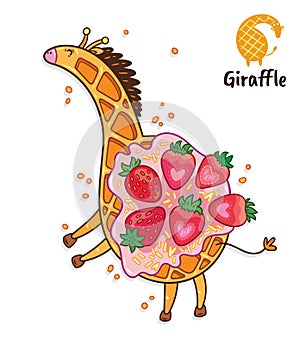 Fancy waffle dessert in the form of a giraffe with whipped cream and strawberries. Tasty giraffe art.