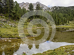 Fanes lake dolomites mountains panorama in summer