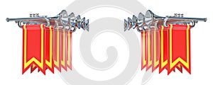 Fanfare ten symmetrical silver trumpets and red flags 3D