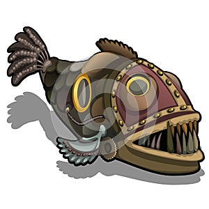 Fangtooth fish in the style of steam punk isolated on white background. Cartoon vector close-up illustration. photo