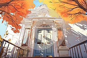 fanlight over a double door entrance, shot through tree branches in late afternoon sun, magazine style illustration