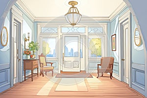 fanlights view from the inside of a colonial revival house, magazine style illustration