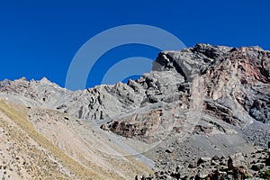 Fann mountains blue lake. Dry mountains landscape