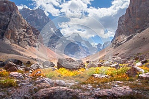 Fann mountains, Tajikistan. Pamir-Alay mountain valley on sunny summer day. Scenic mountain nature landscape