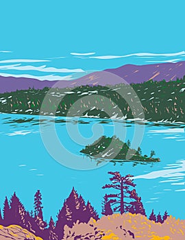 Fannette Island in Lake Tahoe within Emerald Bay State Park California WPA Poster Art