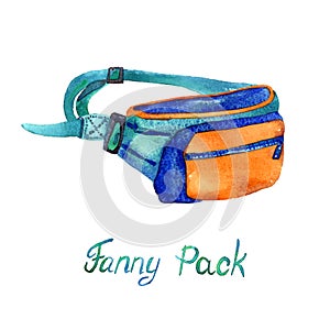 Fanny Belt Pack type of bag in blue, orange and turquoise colors palette, isolated on white background