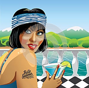 Fanny girl with cocktail in nature. Illustration