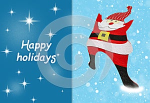 Fanny Santa Claus is coming on blue background, Happy holidays. Christmas card