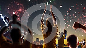 Fans celebrate in Stadium Arena night fireworks