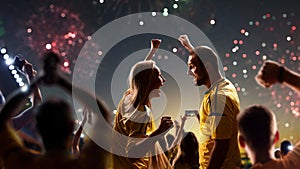 Fans celebrate in Stadium Arena night fireworks