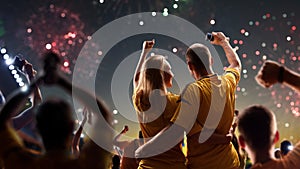 Fans celebrate in Stadium Arena night fireworks