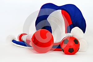 Fans hat football cheer and vuvuzela and soccer ball