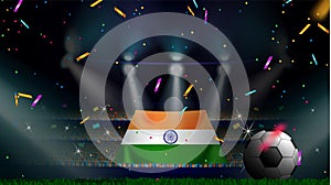 Fans hold the flag of India among silhouette of crowd audience in soccer stadium with confetti to celebrate football game. Concept