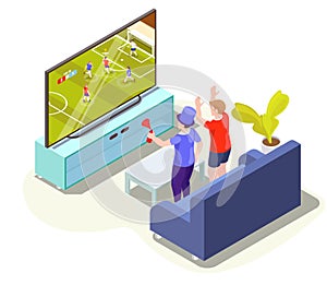 Fans watching soccer match translation on tv at home, vector isometric illustration. Live football on television channel