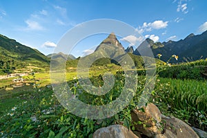 Fansipan mountain hills valley on summer with flowers and blue sky in travel trip and holidays vacation concept, Sapa, Vietnam.