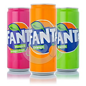 Fanta lemonade soft drinks in cans isolated on a white background