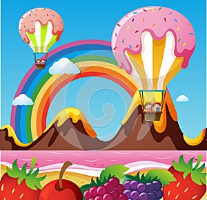 Fantacy land with canday balloons and fruits on the beach