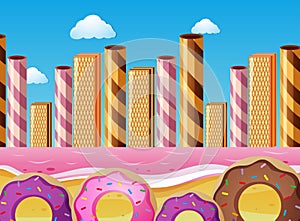 Fantacy scene with donuts and pink ocean photo