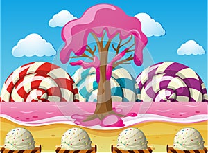 Fantacy scene with lollipops and pink ocean