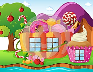 Fantacy world with candy house and river photo