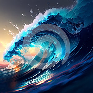 Fantastic abstract blue sea wave background illustration 3D rendering wallpaper Generative AI