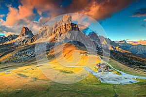 Fantastic alpine pass with high peaks in background, Dolomites, Italy