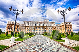 Fantastic architecture Palace of the Parliament of Bucharest at sunny day