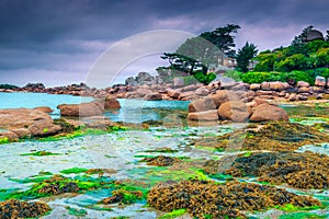 Fantastic Atlantic ocean coast with granite stones, Perros-Guirec, France