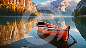 Fantastic autumn landscape with boat on the lake. Beautiful view of traditional wooden rowing boat on scenic Lago di Braies in the