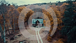 Fantastic autumn landscape with glowing wooden cabin in autumn forest. Cozy house in Carpathian mountains.