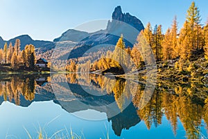 Fantastic autumn landscape. The view on Federa Lake at autumn. Dolomites, Cortina DAmpezzo, South Tyrol