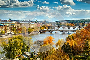 Fantastic autumn panorama with famous Prague city, Czech Republic, Europe