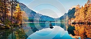 Fantastic autumn panorama on Hintersee lake. Colorful morning view of Bavarian Alps on the Austrian border, Germany, Europe.