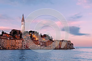 Fantastic autumn sunrise of Rovinj town. Colorful evening seascape of Adriatic Sea. Traveling concept background.p