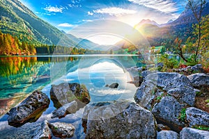 Fantastic autumn sunset of Hintersee lake