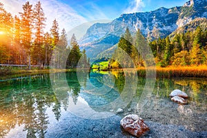 Fantastic autumn sunset of Hintersee lake