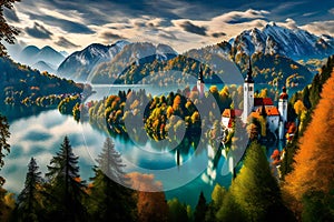 Fantastic autumn view of Lake Bled, Slovenia, Europe,  Artistic style post processed photo
