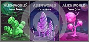 Fantastic backgrounds collection. Fantasy cartoon alien world landscape with shiny plants.