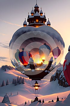 A Fantastic Balloon Struggling to Ascend from the Heart of Snowy Mountains at Sunset. AI generated