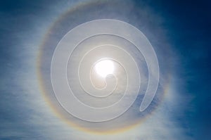 Fantastic beautiful sun halo phenomenon,or the sun with circular rainbow.